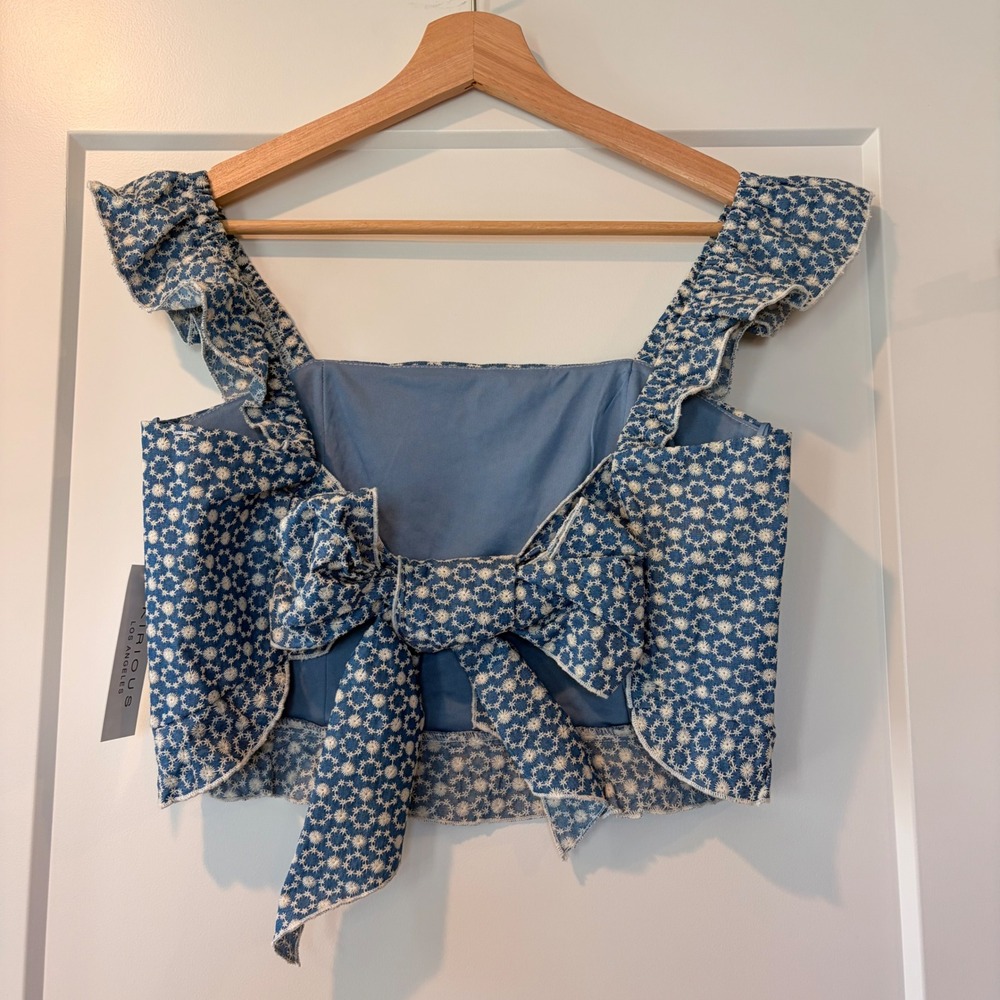 Kirious Womens Back Tie Crop Top Size M Babydoll Y2K Preppy Blue White Summer - Picture 3 of 8